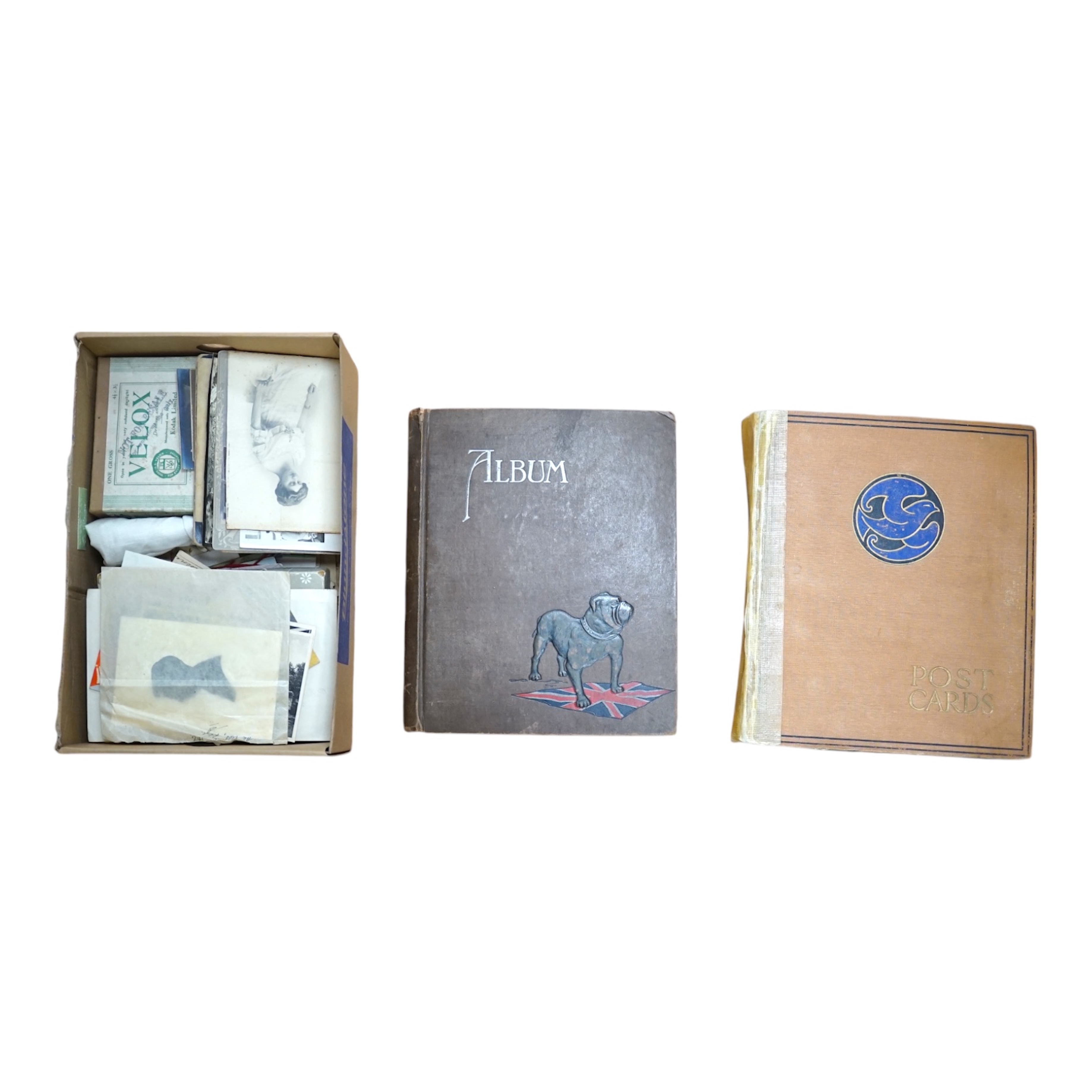 Two postcard albums, mostly topographical and other ephemera to include some black and white photographs. Condition - fair